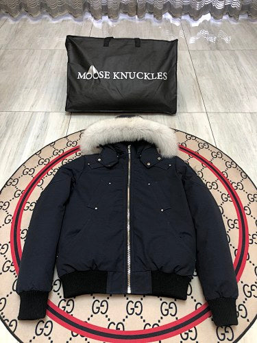 Moose Knuckles Women's Navy Blue 3Q Down Jacket – White Fox Fur Trim Hood MK Hook Detail Short Puffer Coat