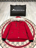 Moose Knuckles Women's Scarlet Red Stirling Down Jacket – White Fox Fur Trim Hood Gold MK Hook Snap-Button Short Puffer Coat