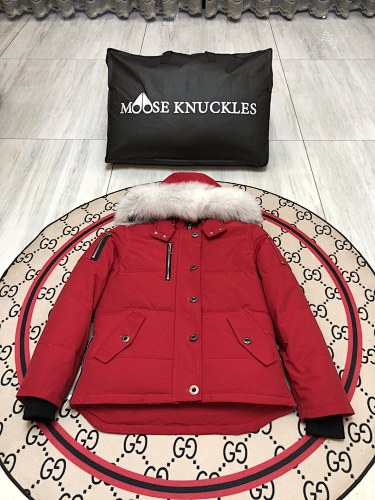 Moose Knuckles Women's Scarlet Red Stirling Down Jacket – White Fox Fur Trim Hood Gold MK Hook Snap-Button Short Puffer Coat