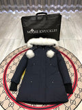 Moose Knuckles Women's Navy Blue Ballistic Parka – White Fox Fur Trim Pom-Pom Hood Premium Down Long Puffer Coat