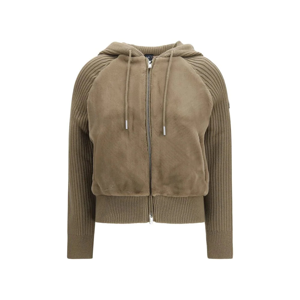 Moncler Women's Khaki Velour Knit Hybrid Hooded Zip Jacket – Cropped Suede-Touch Body Ribbed Knit Sleeve Drawstring Hoodie