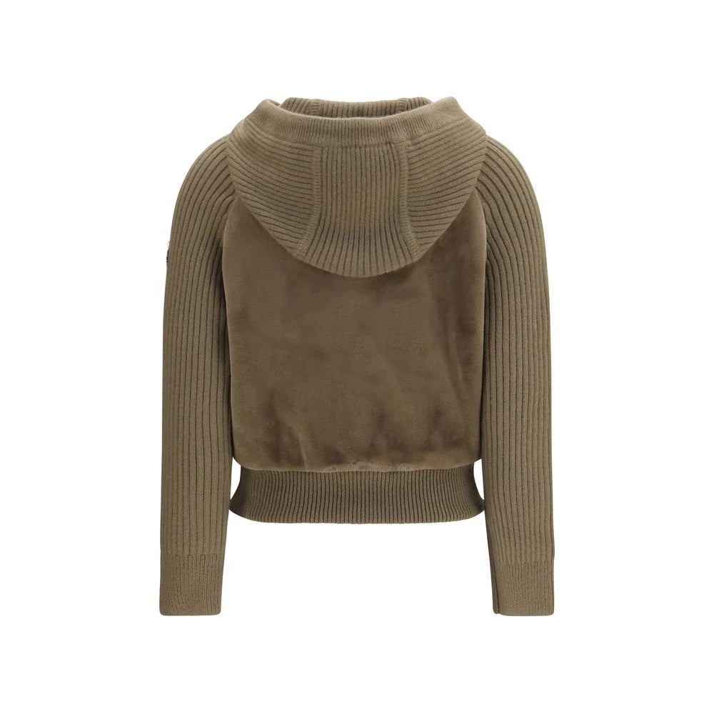 Moncler Women's Khaki Velour Knit Hybrid Hooded Zip Jacket – Cropped Suede-Touch Body Ribbed Knit Sleeve Drawstring Hoodie