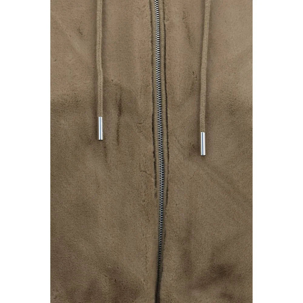 Moncler Women's Khaki Velour Knit Hybrid Hooded Zip Jacket – Cropped Suede-Touch Body Ribbed Knit Sleeve Drawstring Hoodie
