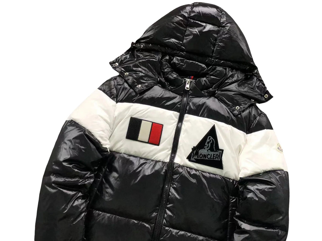 Moncler Black & White Colorblock Hooded Puffer Jacket – Glossy Finish & Chest Patches