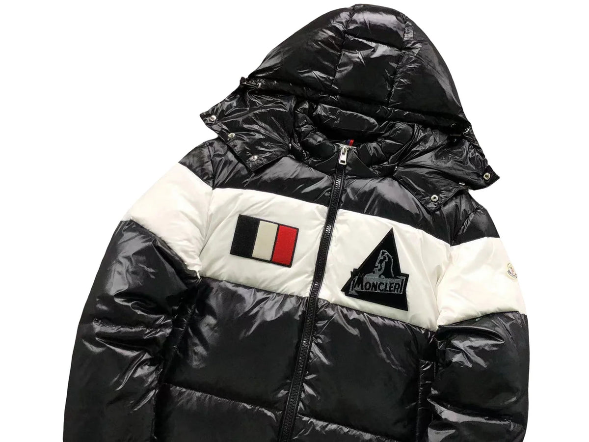 Moncler Black & White Colorblock Hooded Puffer Jacket – Glossy Finish & Chest Patches