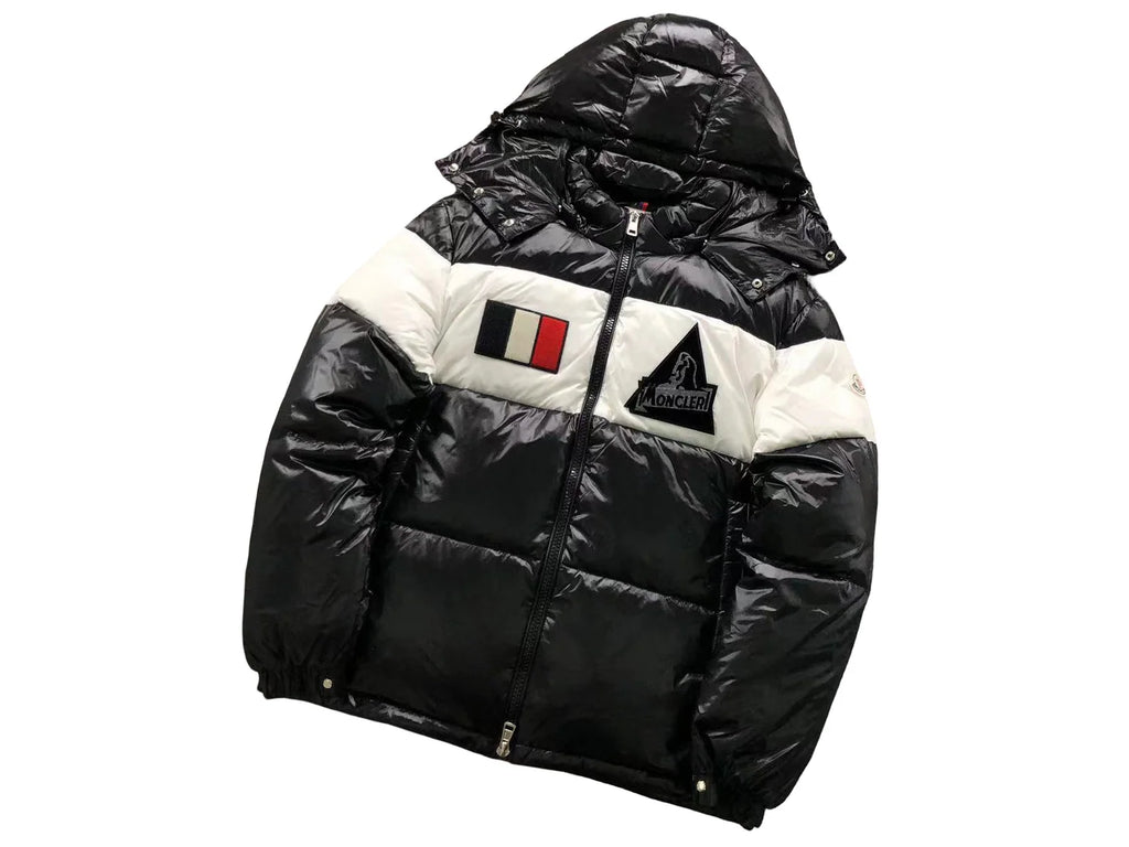 Moncler Black & White Colorblock Hooded Puffer Jacket – Glossy Finish & Chest Patches