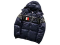 Moncler Navy Blue & Black Hooded Puffer Jacket – Glossy Finish & Chest Patches