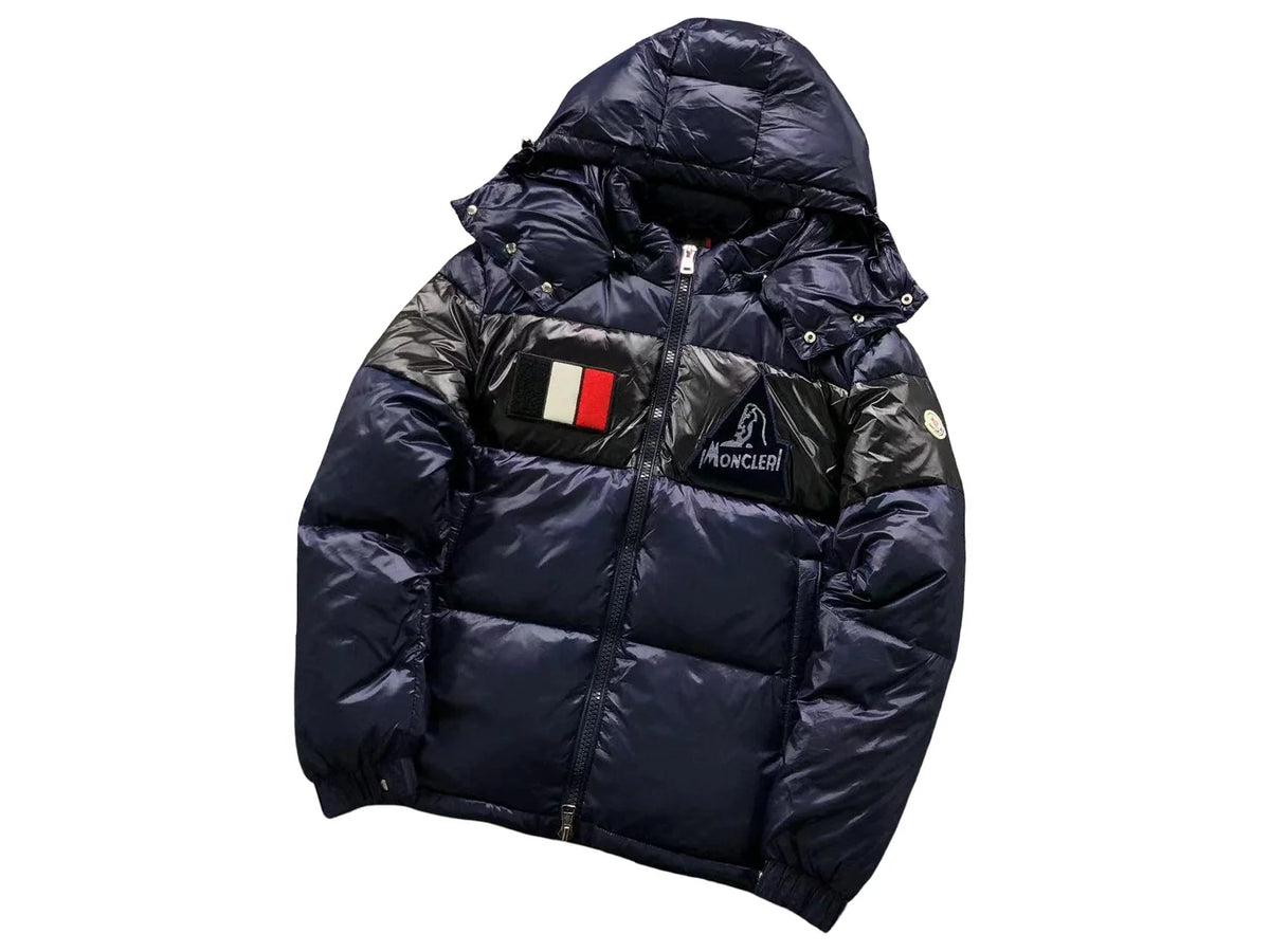 Moncler Navy Blue & Black Hooded Puffer Jacket – Glossy Finish & Chest Patches