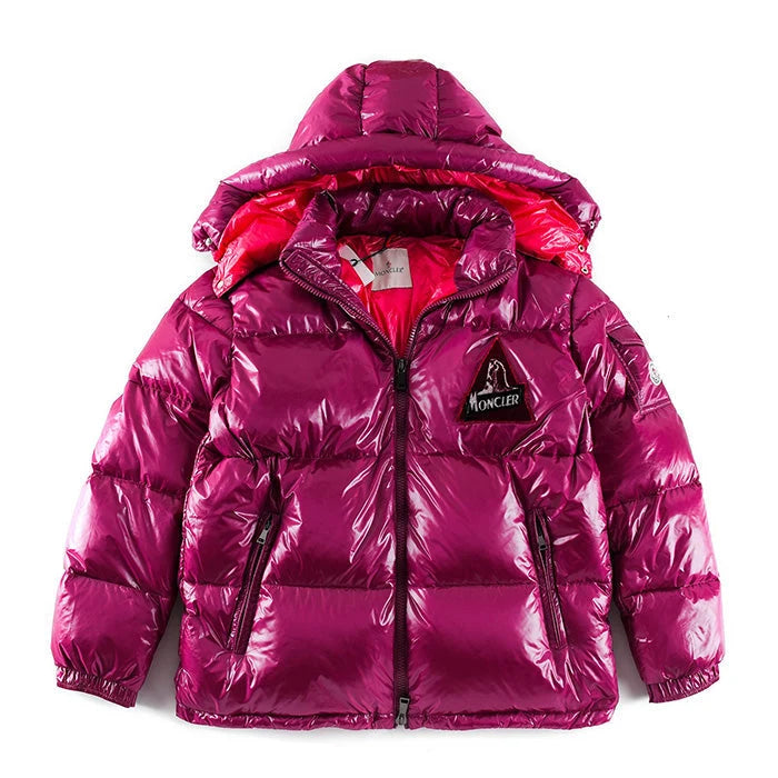 Moncler Women's Fuchsia High-Gloss Down Hooded Puffer Jacket – Lacquered Nylon Quilted Coat with Triangle Logo Badge Contrast Hood Lining
