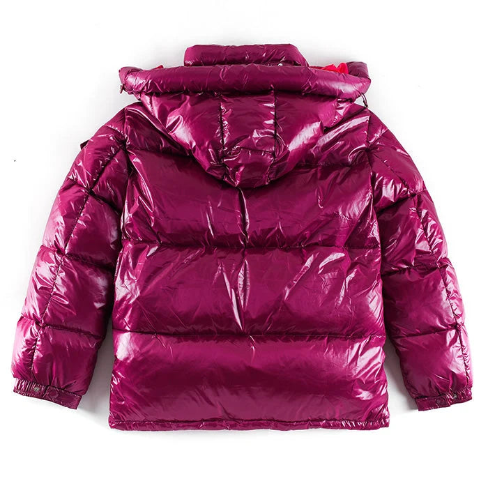 Moncler Women's Fuchsia High-Gloss Down Hooded Puffer Jacket – Lacquered Nylon Quilted Coat with Triangle Logo Badge Contrast Hood Lining