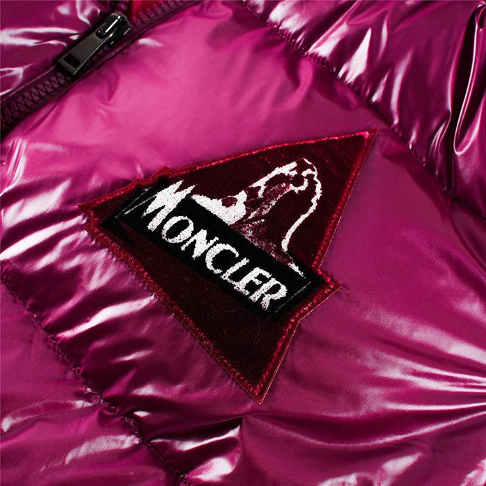 Moncler Women's Fuchsia High-Gloss Down Hooded Puffer Jacket – Lacquered Nylon Quilted Coat with Triangle Logo Badge Contrast Hood Lining