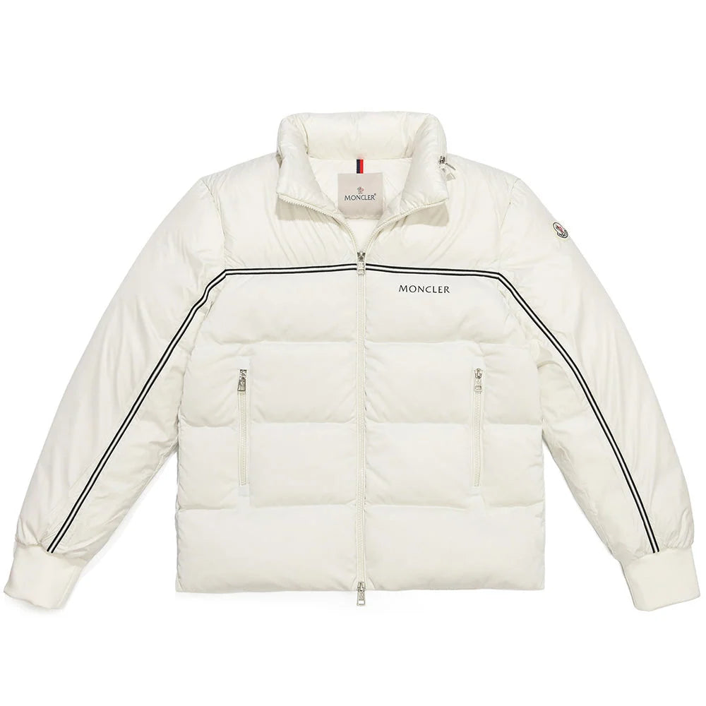 Moncler Men's White Sport Stripe Down Puffer Jacket – High-Gloss Nylon Quilted Coat with Black Double Chest Stripe Logo Badge
