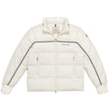 Moncler Men's White Sport Stripe Down Puffer Jacket – High-Gloss Nylon Quilted Coat with Black Double Chest Stripe Logo Badge
