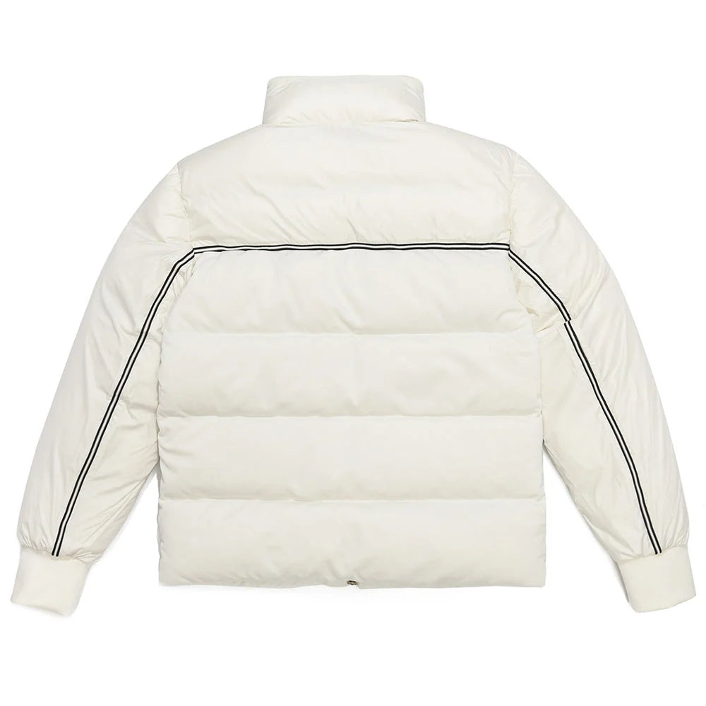 Moncler Men's White Sport Stripe Down Puffer Jacket – High-Gloss Nylon Quilted Coat with Black Double Chest Stripe Logo Badge