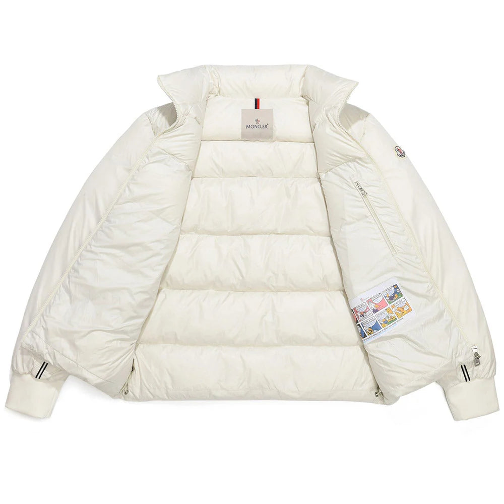 Moncler Men's White Sport Stripe Down Puffer Jacket – High-Gloss Nylon Quilted Coat with Black Double Chest Stripe Logo Badge