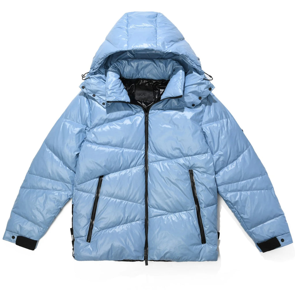 Moncler Men's Glossy Down Puffer Jacket – High-Shine Nylon Diagonal Quilted Hooded Coat with Contrast Hem Panel