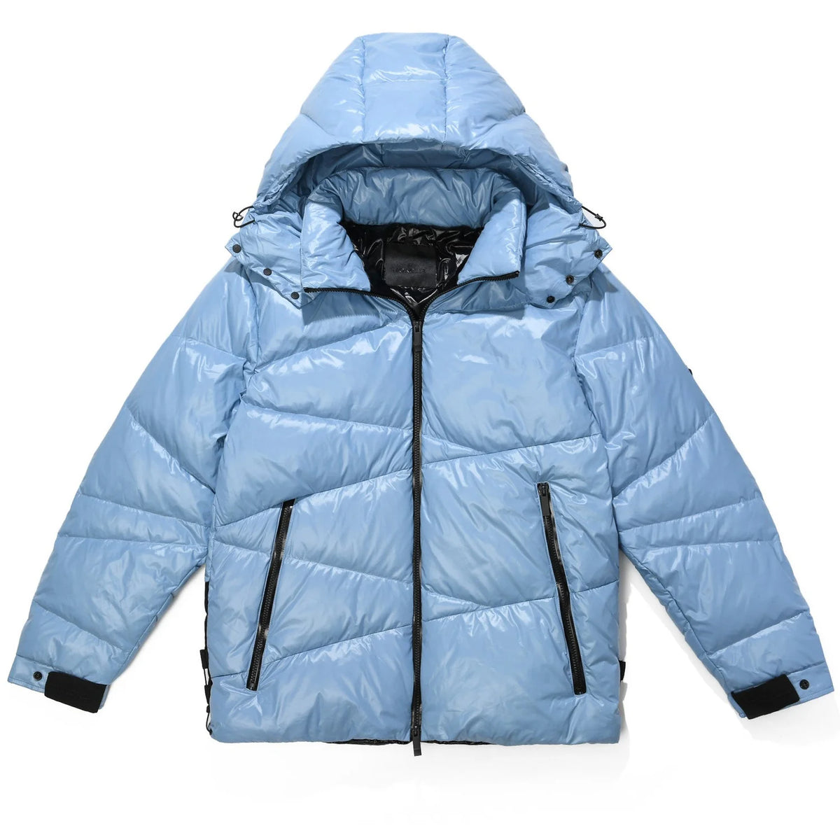 Moncler Men's Glossy Down Puffer Jacket – High-Shine Nylon Diagonal Quilted Hooded Coat with Contrast Hem Panel