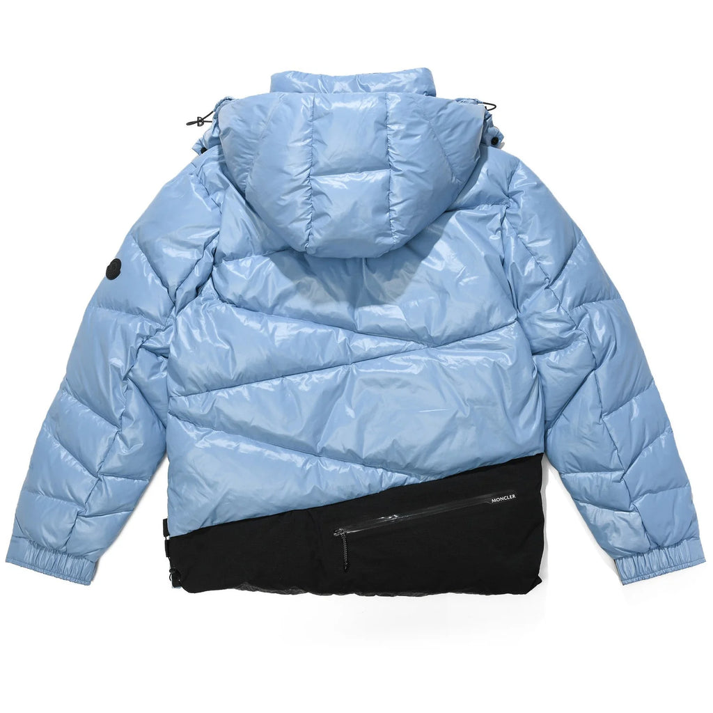 Moncler Men's Glossy Down Puffer Jacket – High-Shine Nylon Diagonal Quilted Hooded Coat with Contrast Hem Panel
