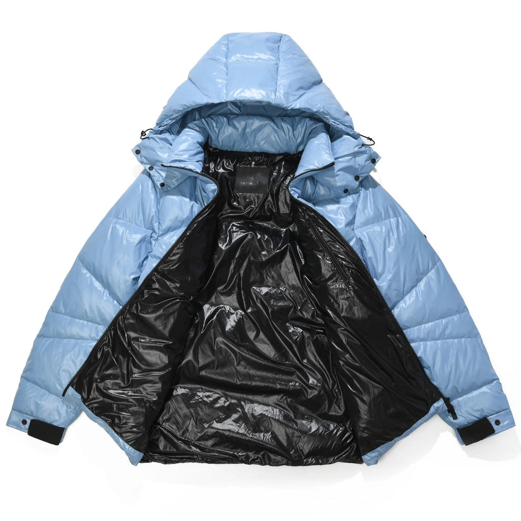 Moncler Men's Glossy Down Puffer Jacket – High-Shine Nylon Diagonal Quilted Hooded Coat with Contrast Hem Panel