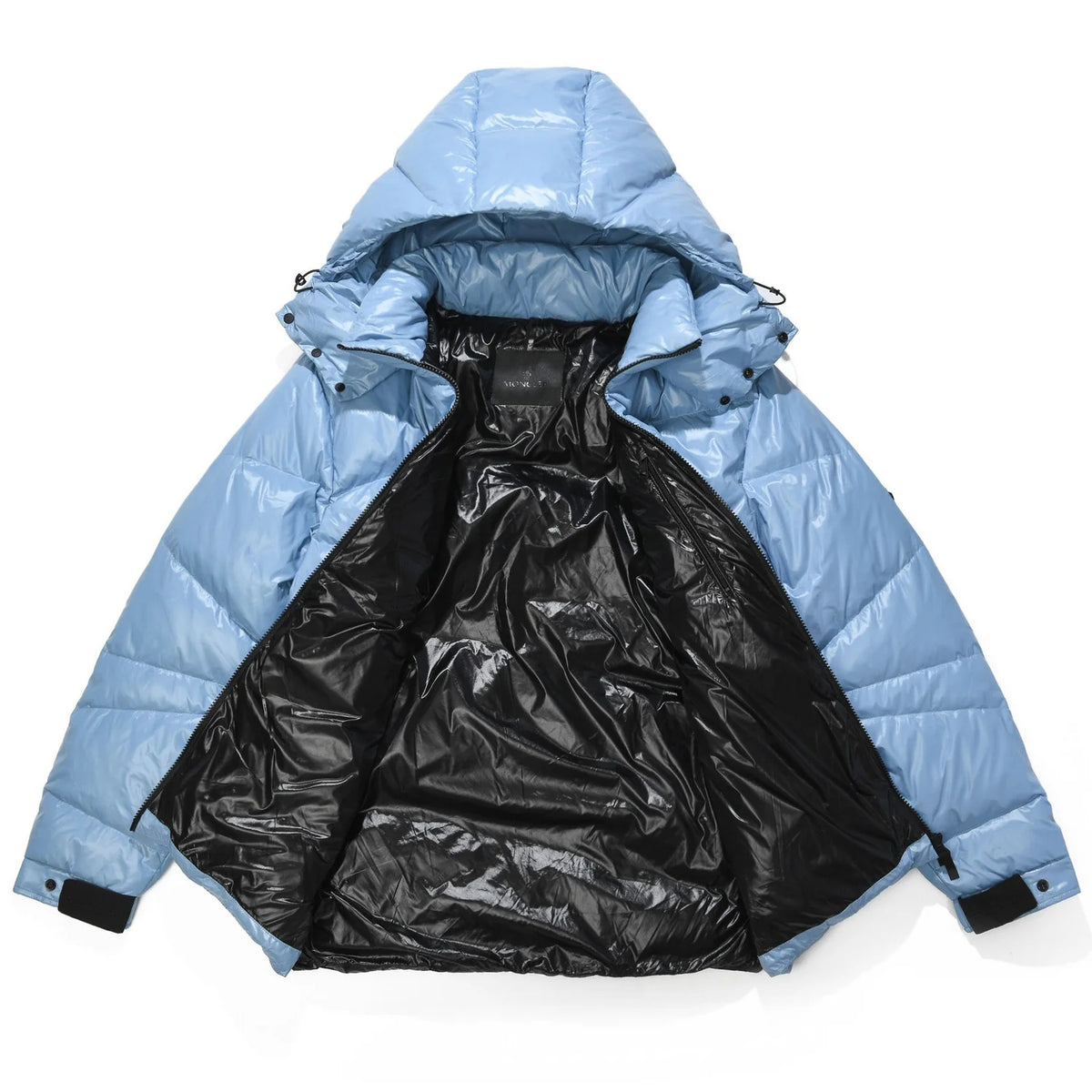 Moncler Men's Glossy Down Puffer Jacket – High-Shine Nylon Diagonal Quilted Hooded Coat with Contrast Hem Panel