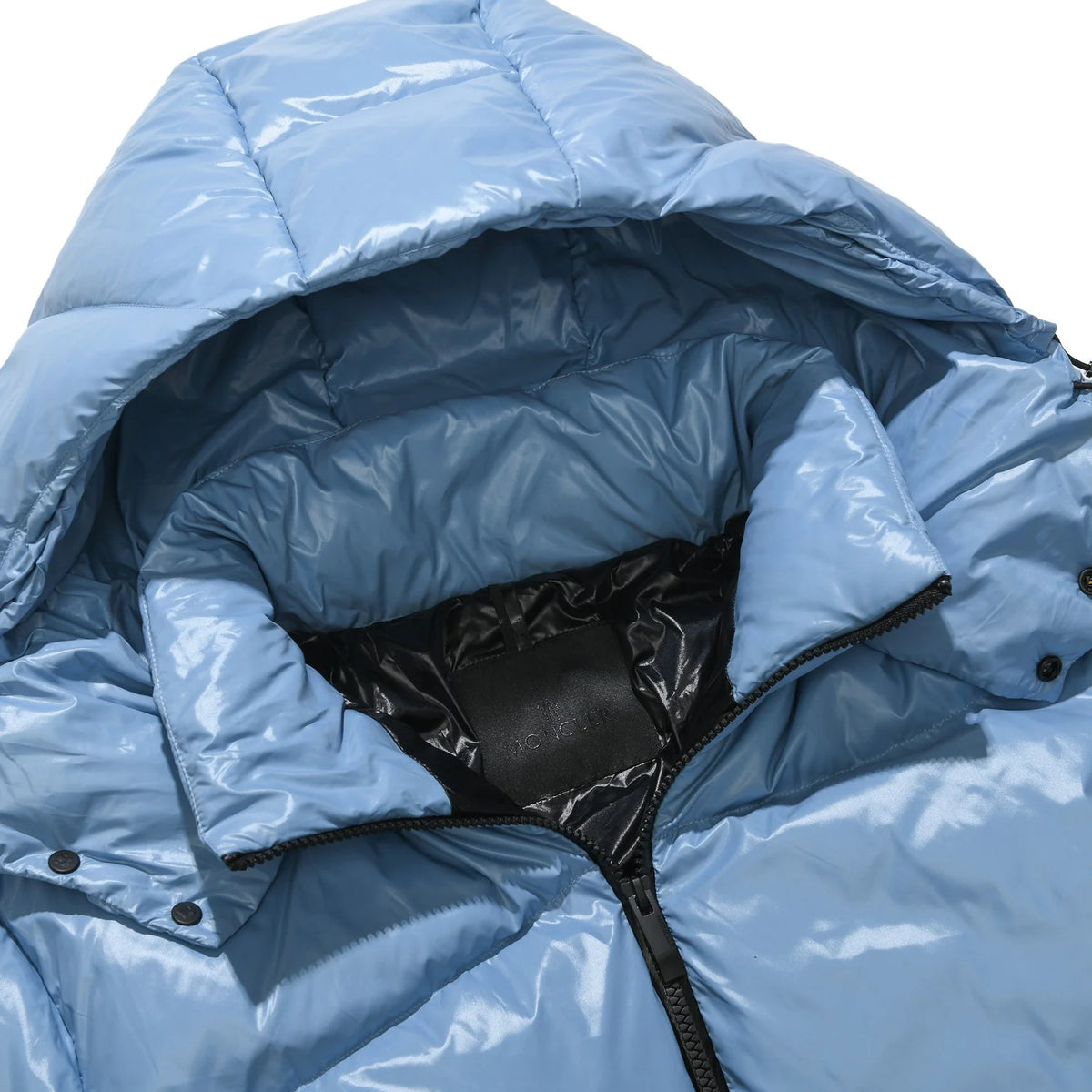 Moncler Men's Glossy Down Puffer Jacket – High-Shine Nylon Diagonal Quilted Hooded Coat with Contrast Hem Panel