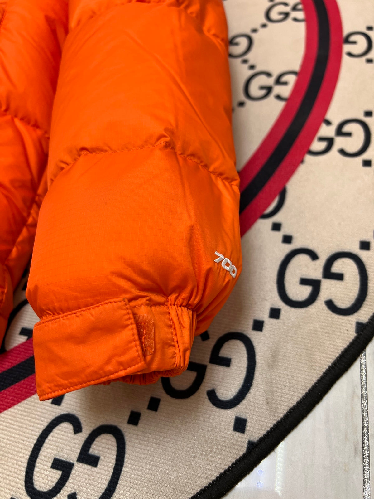 The North Face Men's Flame Orange 700-Fill Nuptse Down Jacket – Contrast Black Collar Classic Wide-Baffle Puffer