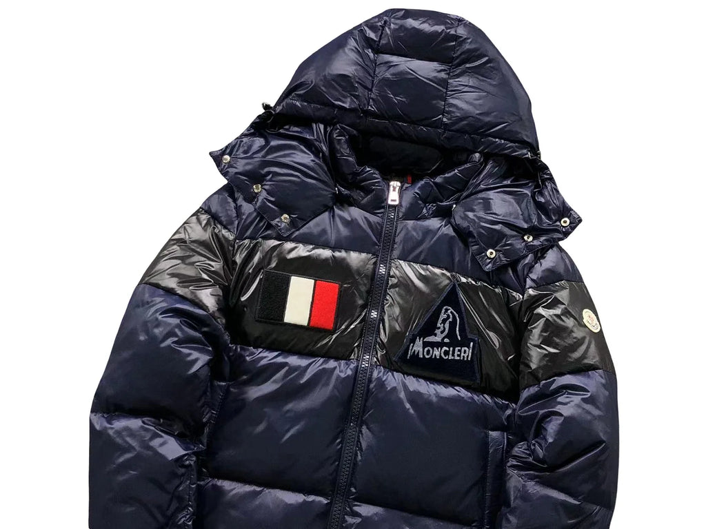 Moncler Navy Blue & Black Hooded Puffer Jacket – Glossy Finish & Chest Patches