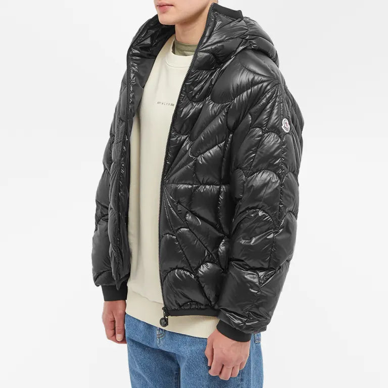 Moncler Men's Black Radiant Star Quilted Hooded Down Jacket – Geometric Glossy Puffer