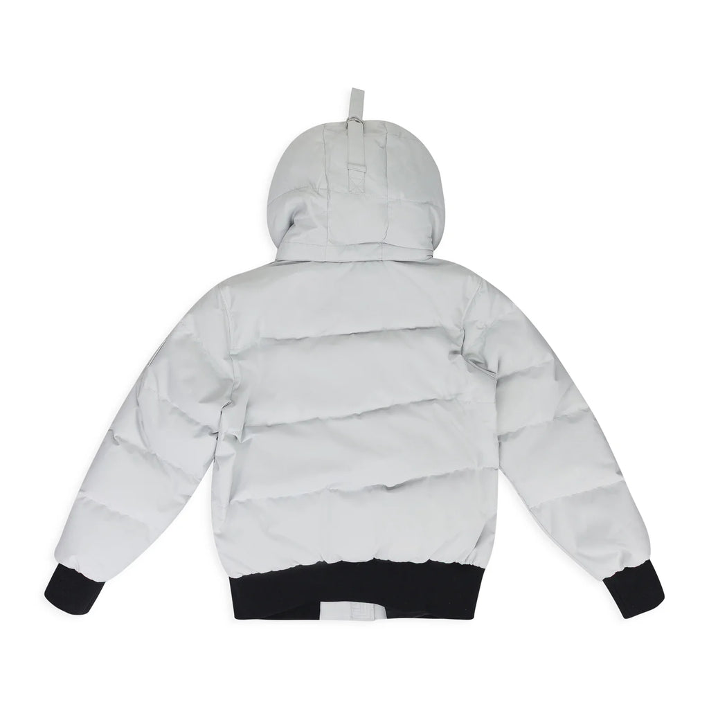 Moose Knuckles Women's Glacier Grey Ballistic Bomber Down Jacket – Quilted Hooded Puffer Coat with Signature Metal Logo Ribbed Cuffs