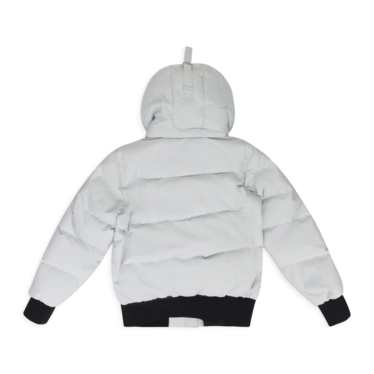 Moose Knuckles Women's Glacier Grey Ballistic Bomber Down Jacket – Quilted Hooded Puffer Coat with Signature Metal Logo Ribbed Cuffs