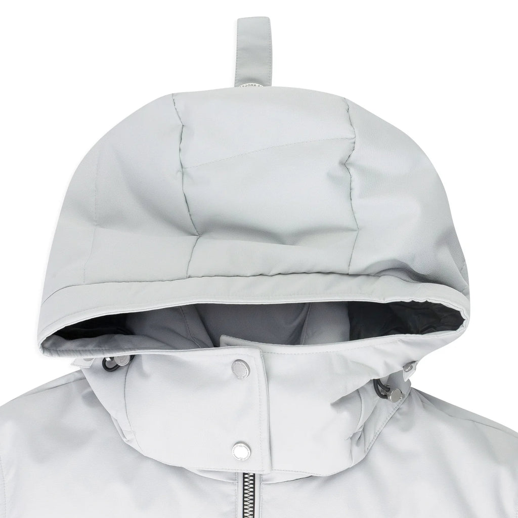 Moose Knuckles Women's Glacier Grey Ballistic Bomber Down Jacket – Quilted Hooded Puffer Coat with Signature Metal Logo Ribbed Cuffs