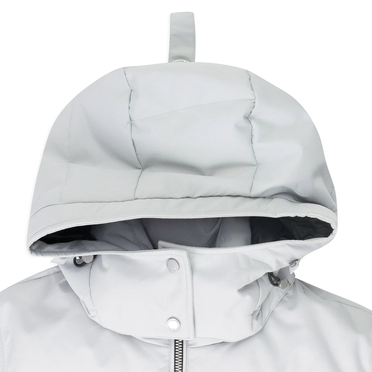 Moose Knuckles Women's Glacier Grey Ballistic Bomber Down Jacket – Quilted Hooded Puffer Coat with Signature Metal Logo Ribbed Cuffs