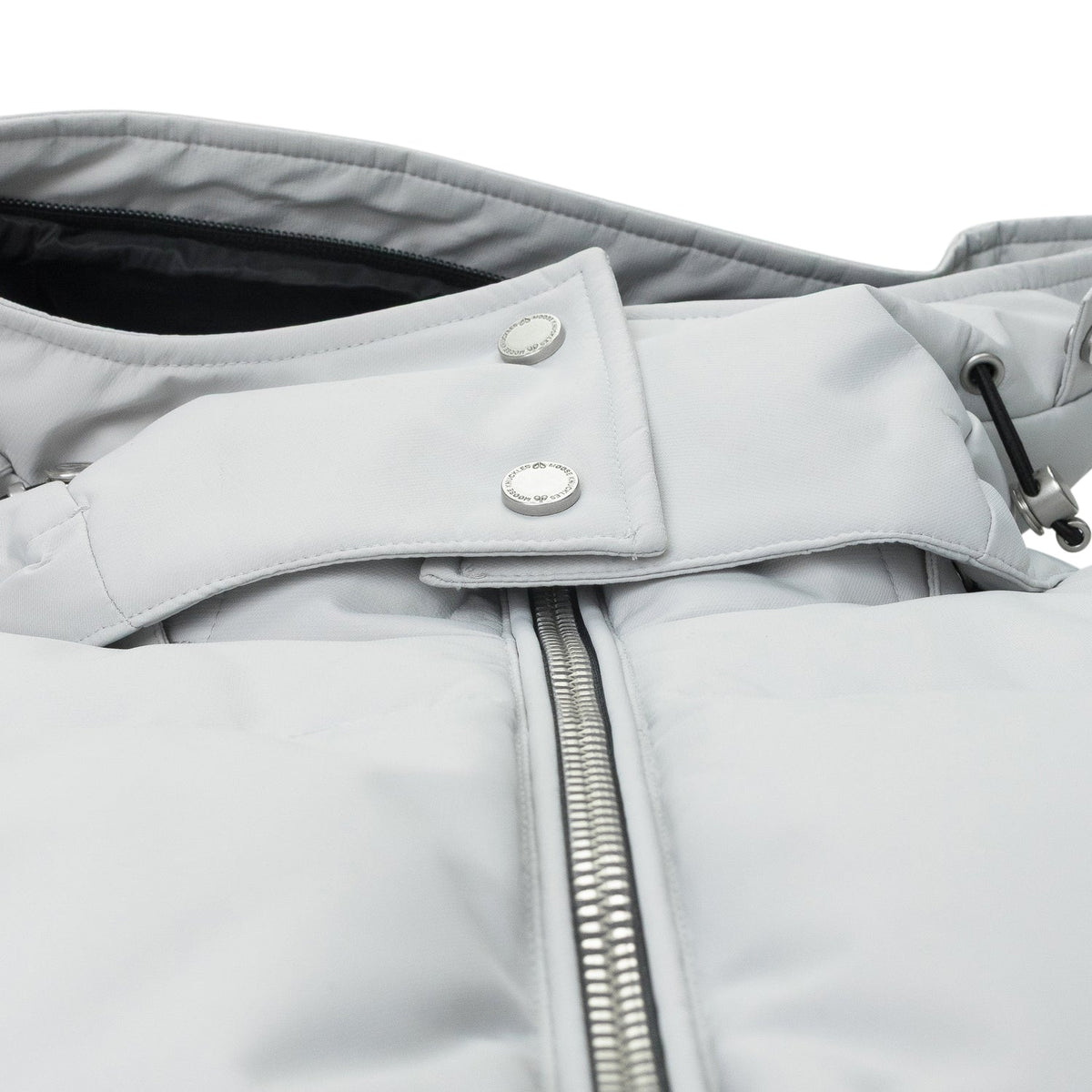 Moose Knuckles Women's Glacier Grey Ballistic Bomber Down Jacket – Quilted Hooded Puffer Coat with Signature Metal Logo Ribbed Cuffs