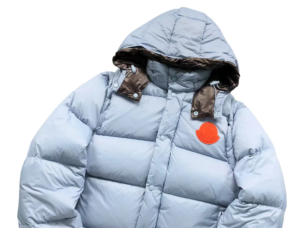 Moncler Ice Blue Hooded Puffer Jacket – Orange Logo Patch & Contrast Hood Lining