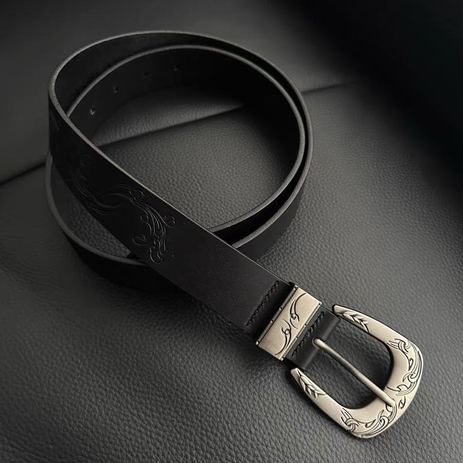 Vintage Scroll Engraved Leather Belt Western Floral Pin Buckle Unisex