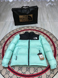 The North Face Men's Mint Green 700-Fill Nuptse Down Jacket – Contrast Black Collar Classic Wide-Baffle Puffer
