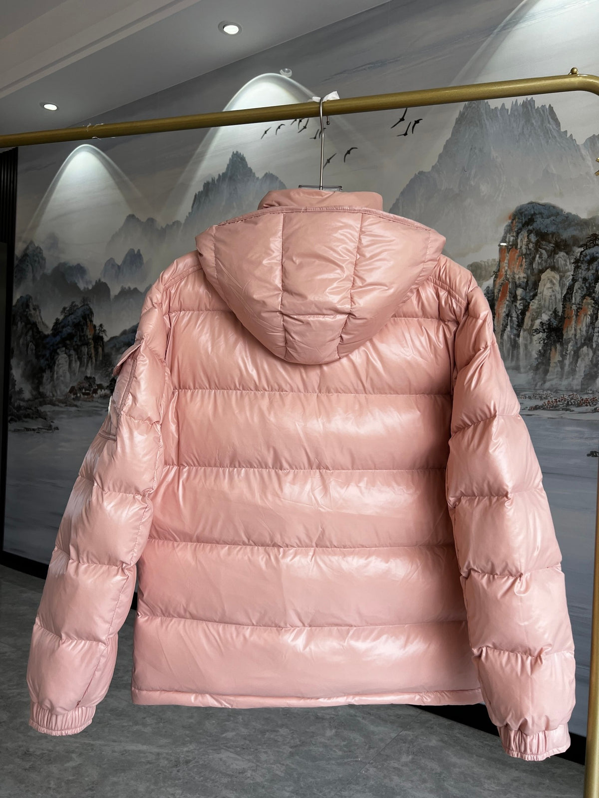 Moncler Women's Blush Pink Maya Short Down Jacket – Glossy Nylon Hooded Puffer Coat with Signature Logo Badge