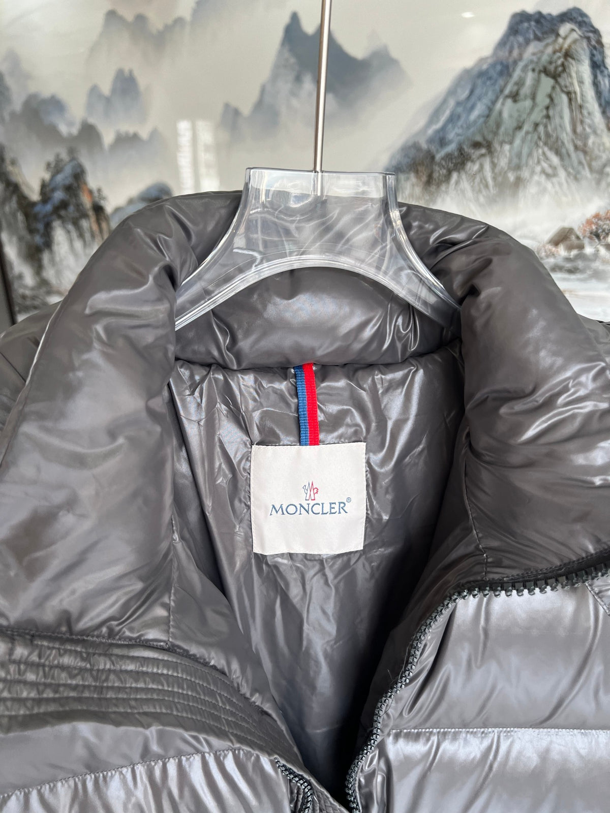 Moncler Women's Graphite Grey Maya Short Down Jacket – Glossy Nylon Hooded Puffer Coat with Signature Logo Badge