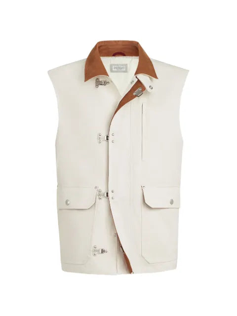 Brunello Cucinelli cotton and linen canvas vest with suede inserts and hook fastening