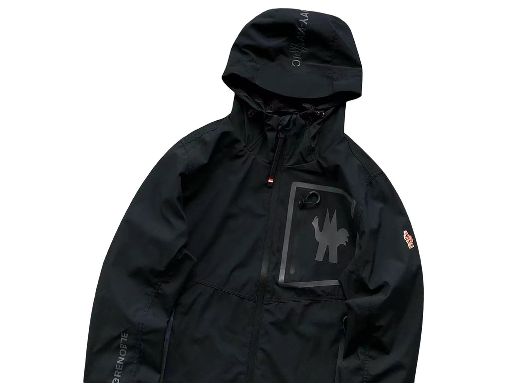 Moncler Grenoble Black Hooded Shell Jacket – Graphic Chest Panel & Zip Front