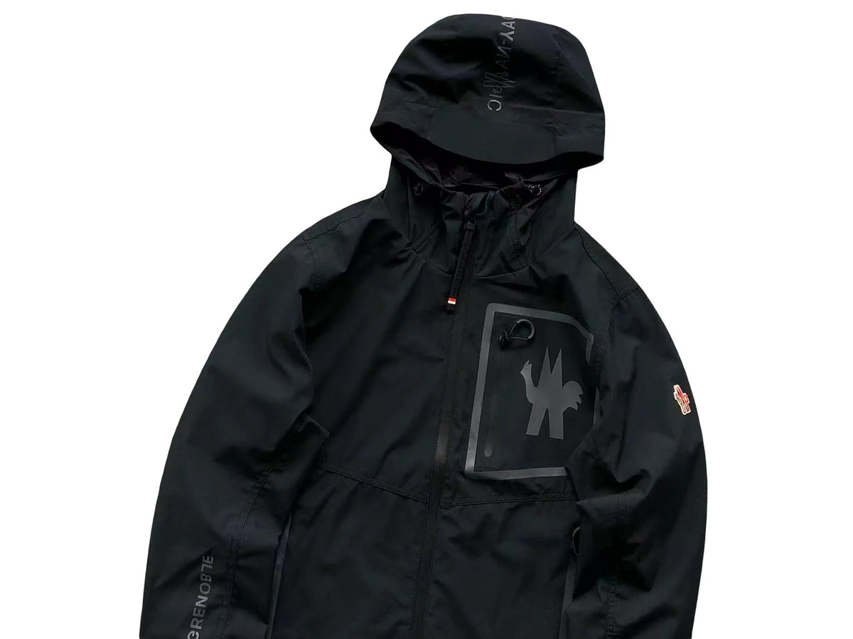 Moncler Grenoble Black Hooded Shell Jacket – Graphic Chest Panel & Zip Front