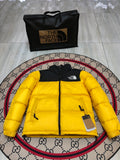 The North Face Men's Summit Gold Yellow 700-Fill Nuptse Down Jacket – Contrast Black Collar Classic Wide-Baffle Puffer