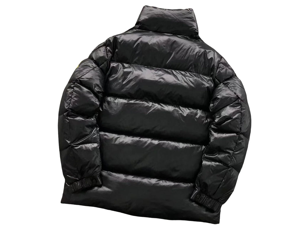 Moncler Men's Black High-Neck Down Jacket – Oversized Gold Badge Diamond Quilted Puffer