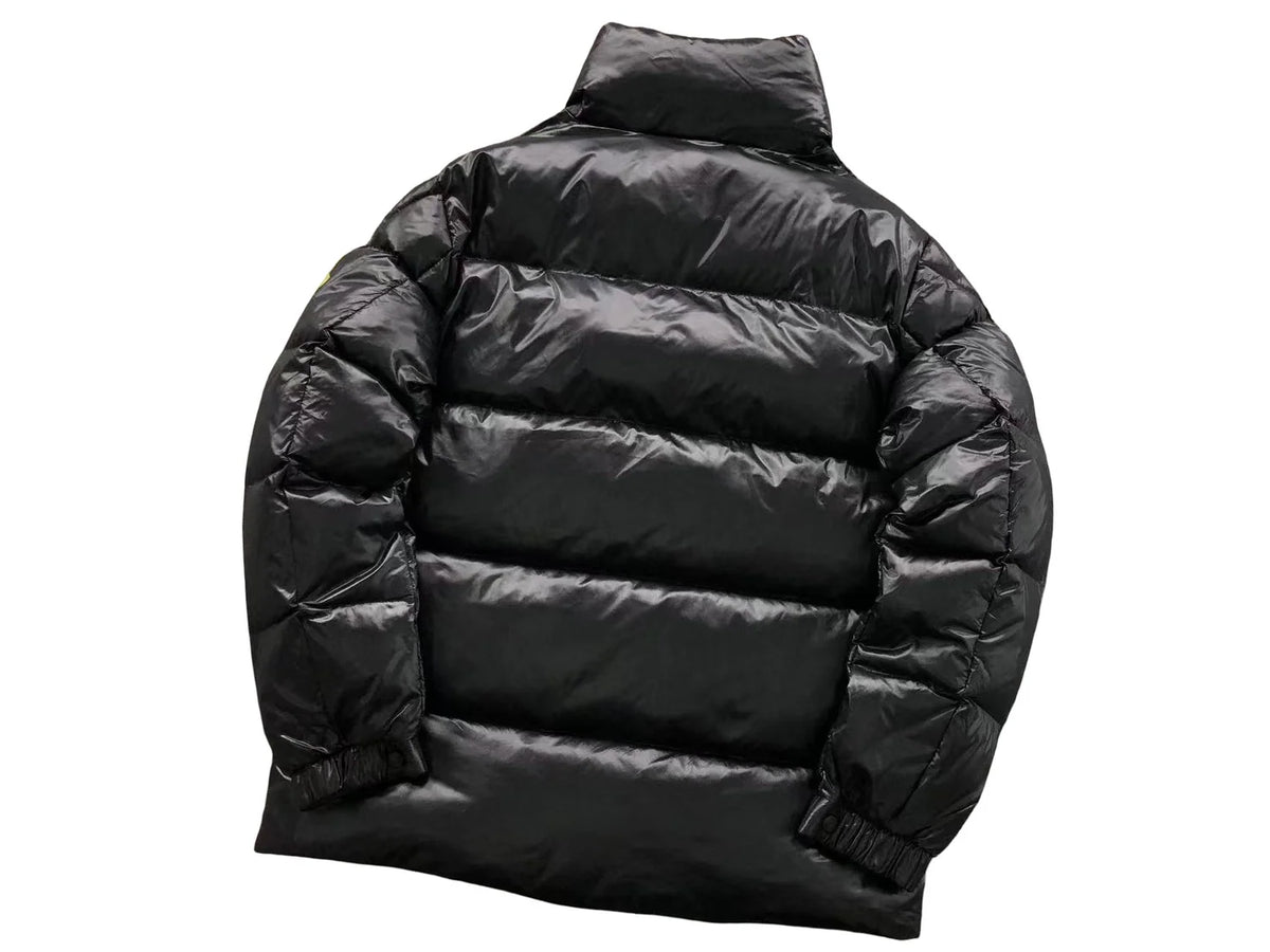 Moncler Men's Black High-Neck Down Jacket – Oversized Gold Badge Diamond Quilted Puffer