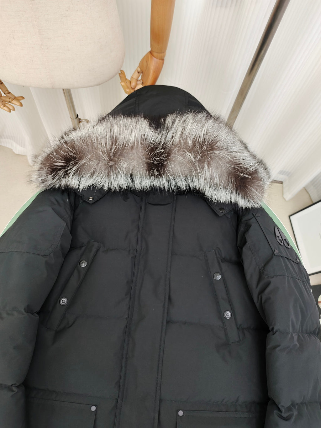 Moose Knuckles Men's Army Green Long Parka Down Jacket – Grey Fur Hood Multi-Pocket Expedition Coat