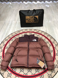 The North Face Men's Mocha Brown 700-Fill Nuptse Down Jacket – Contrast Dark Maroon Collar Classic Wide-Baffle Puffer