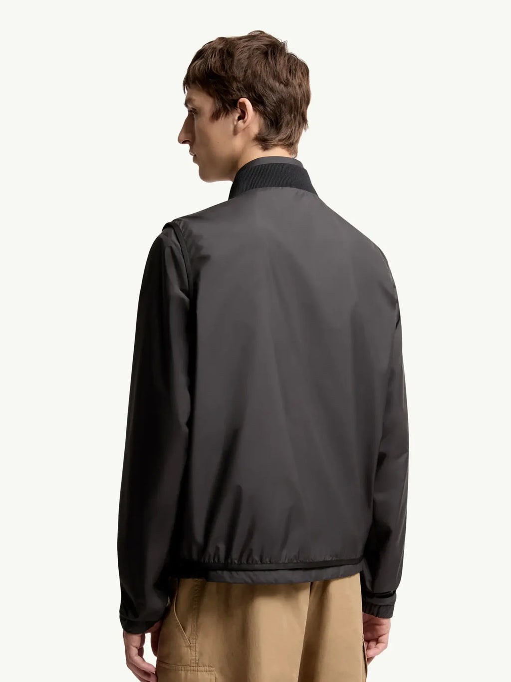 Moncler Men's Charcoal Grey Lightweight Shell Zip Jacket – Smooth Nylon Windbreaker with Stand Collar Logo Badge Elasticated Hem