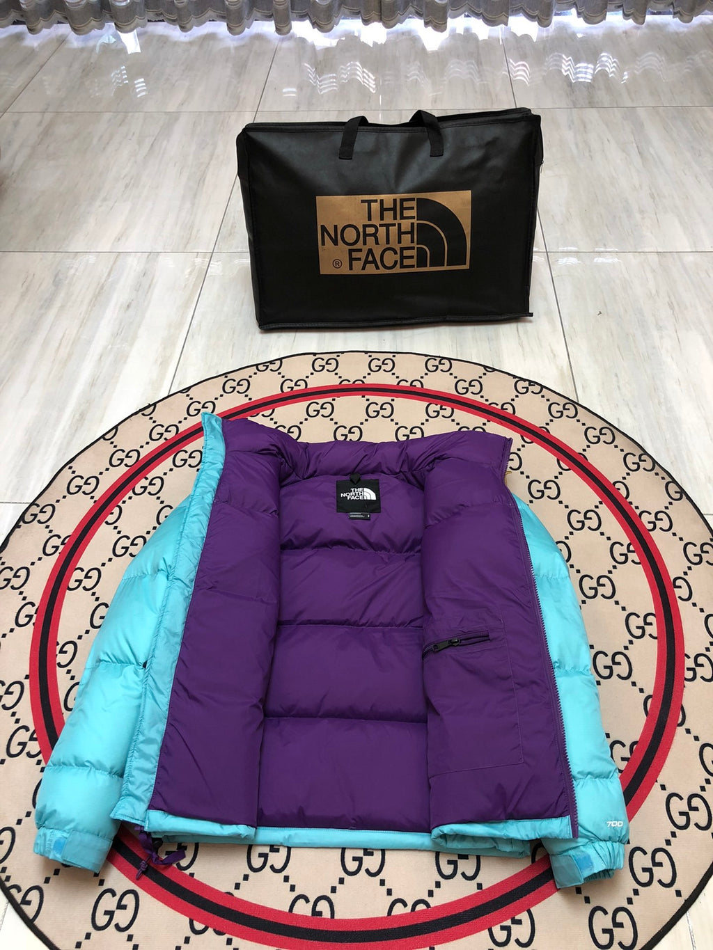 The North Face Men's Aqua Blue 700-Fill Nuptse Hooded Down Jacket – Contrast Purple Collar Wide-Baffle Puffer
