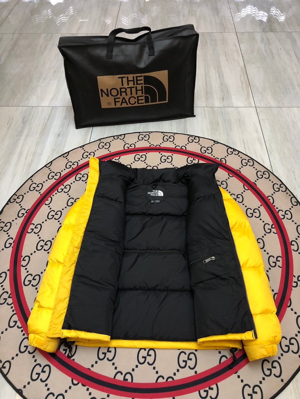 The North Face Men's Summit Gold Yellow 700-Fill Nuptse Down Jacket – Contrast Black Collar Classic Wide-Baffle Puffer