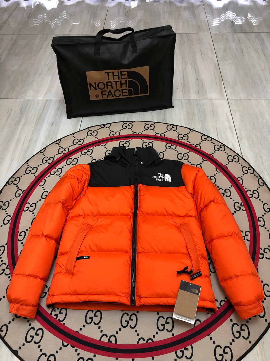 The North Face Men's Flame Orange 700-Fill Nuptse Down Jacket – Contrast Black Collar Classic Wide-Baffle Puffer